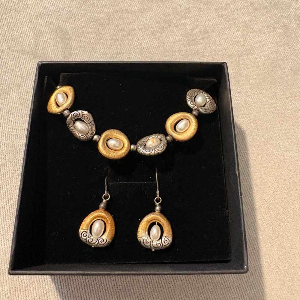 Elegant Brighton Gold and Silver Pearl Necklace and Earring Set